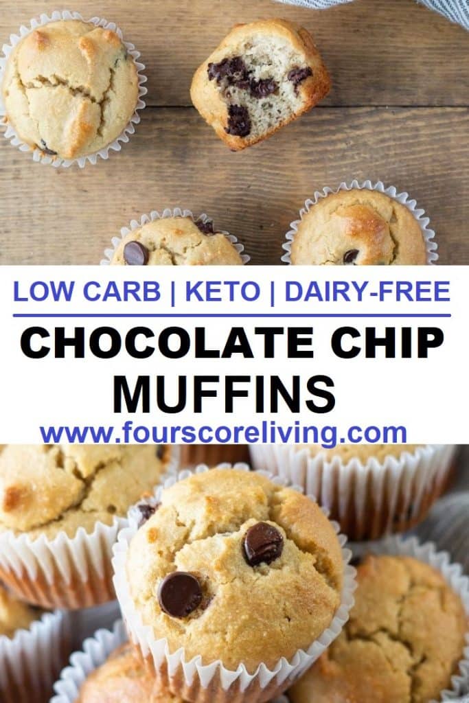 a pinterest pin of two photos of muffins with the words low carb keto dairy-free chocolate chip muffins in text in the center