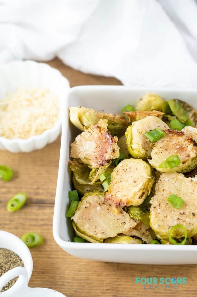 Parmesan Roasted Brussels Sprouts in a white bowl