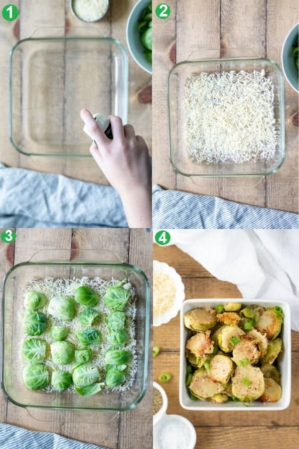 a collage of four photos showing the steps how to make Parmesan Roasted Brussels Sprouts