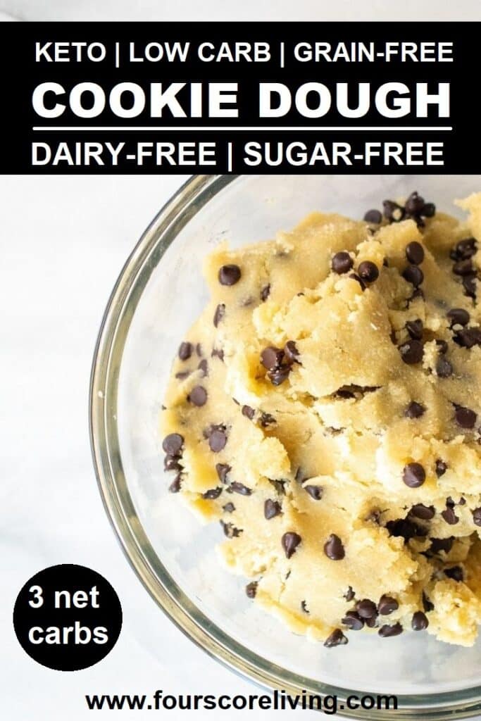 a pinterest pin collage of keto cookie dough in a bowl with the words keto low carb grain-free cookie dough in text at the top