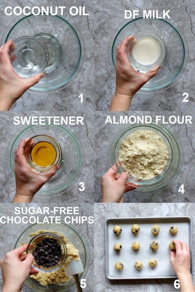 a collage of six photos showing how to make keto cookie dough