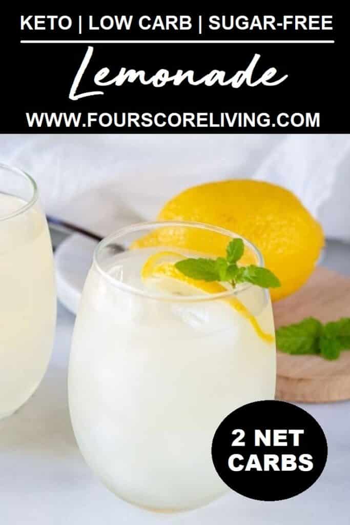 a pinterest pin with a close up of a glass of keto lemonade with the words keto low-carb sugar-free lemonade in text at the top