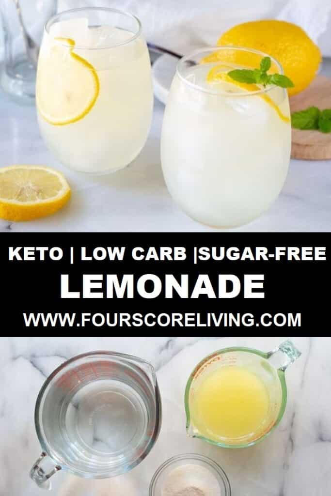 a pinterest pin collage made up of two photos of keto lemonade with the words keto low-carb sugar-free lemonade in text in the center