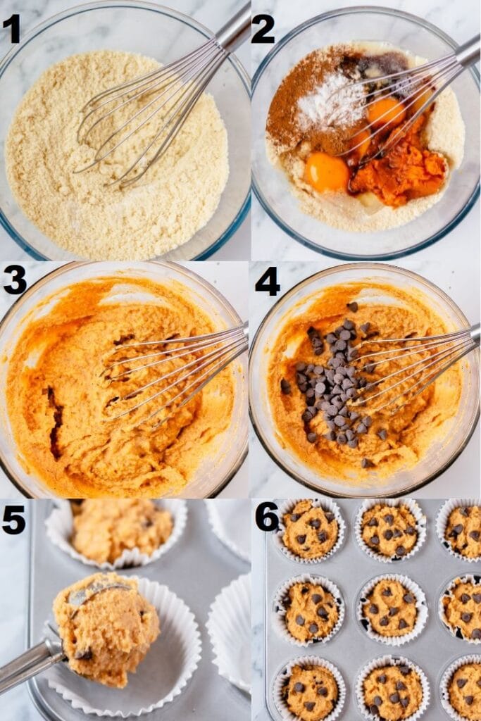 a collage of six photos showing how to make keto pumpkin muffins