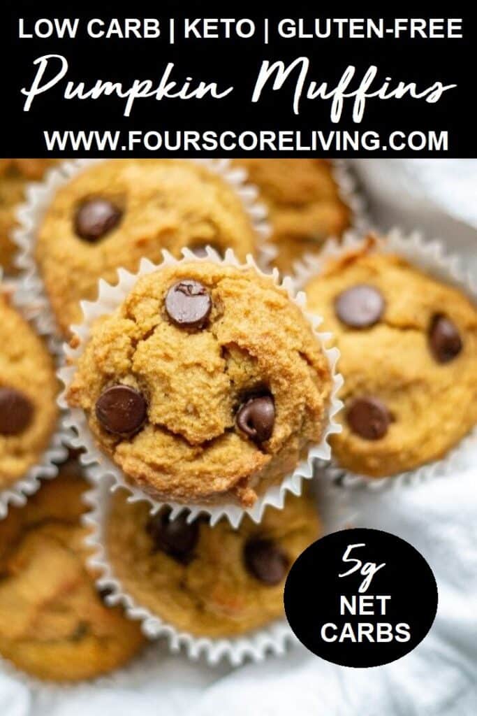 a pinterst pin showing pumpkin muffins with chocolate chips with the words low carb keto gluten free pumpkin mufifns in text at the top