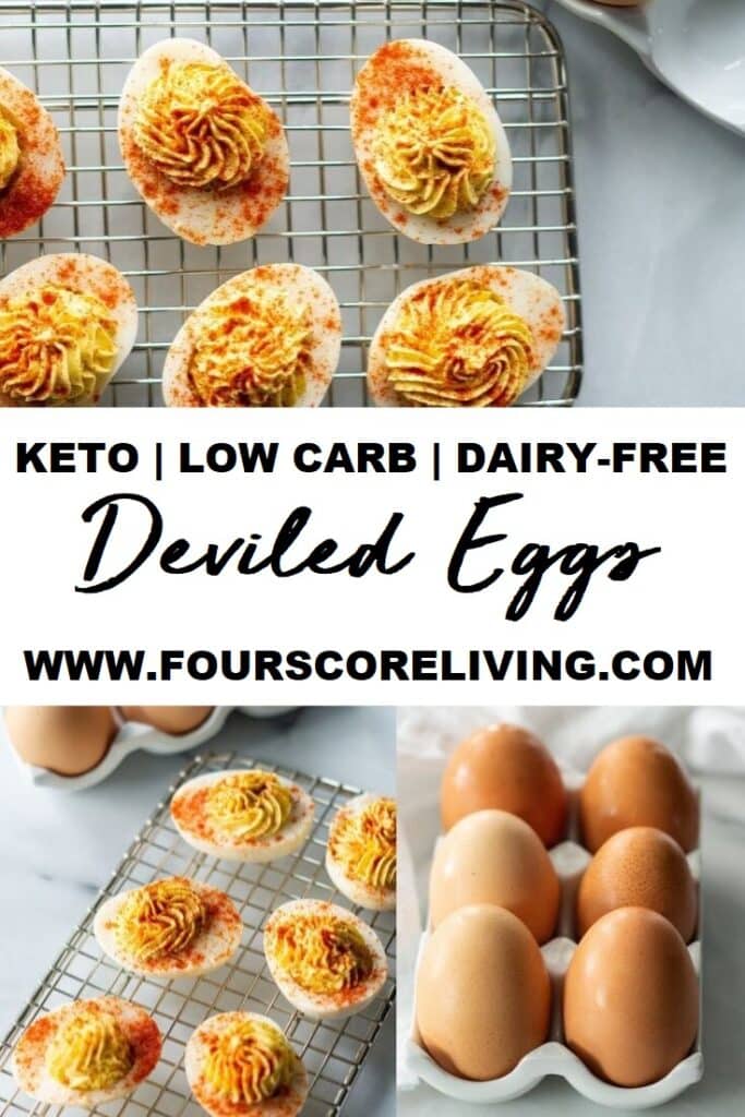 a pinterest pin collage using three photos of keto deviled eggs and brown eggs with the words keto low-carb dairy-free deviled eggs in text in the center