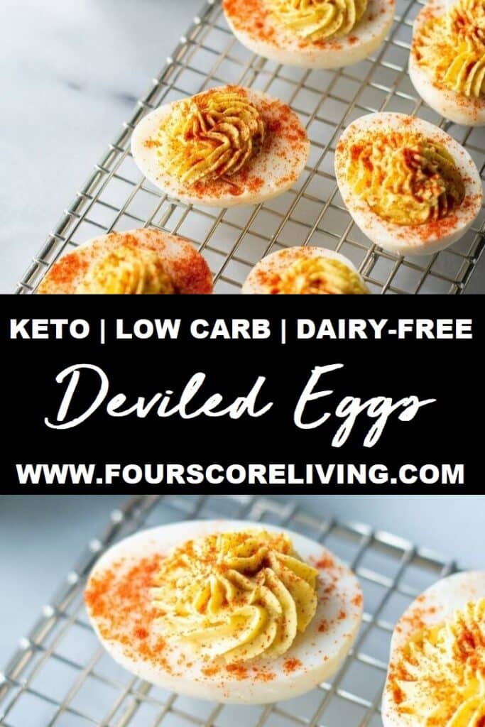 a pinterest pin collage using two photos of keto deviled egg swith the words keto low-carb dairy-free deviled eggs in text in the center