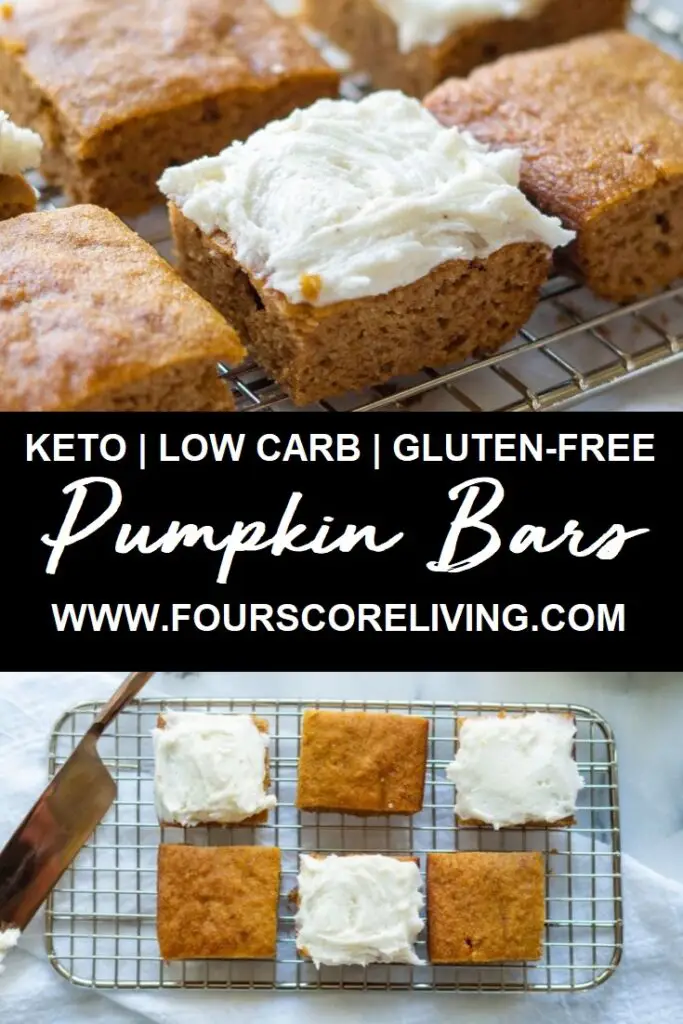 keto pumpkin bars on a wire rack with frosting