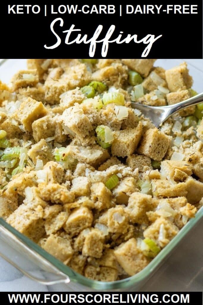 a pinterest pin collage of stuffing with the words keto low-carb dairy-free stuffing in text in the center