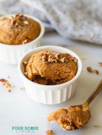 keto pumpkin mug cake with a bite out