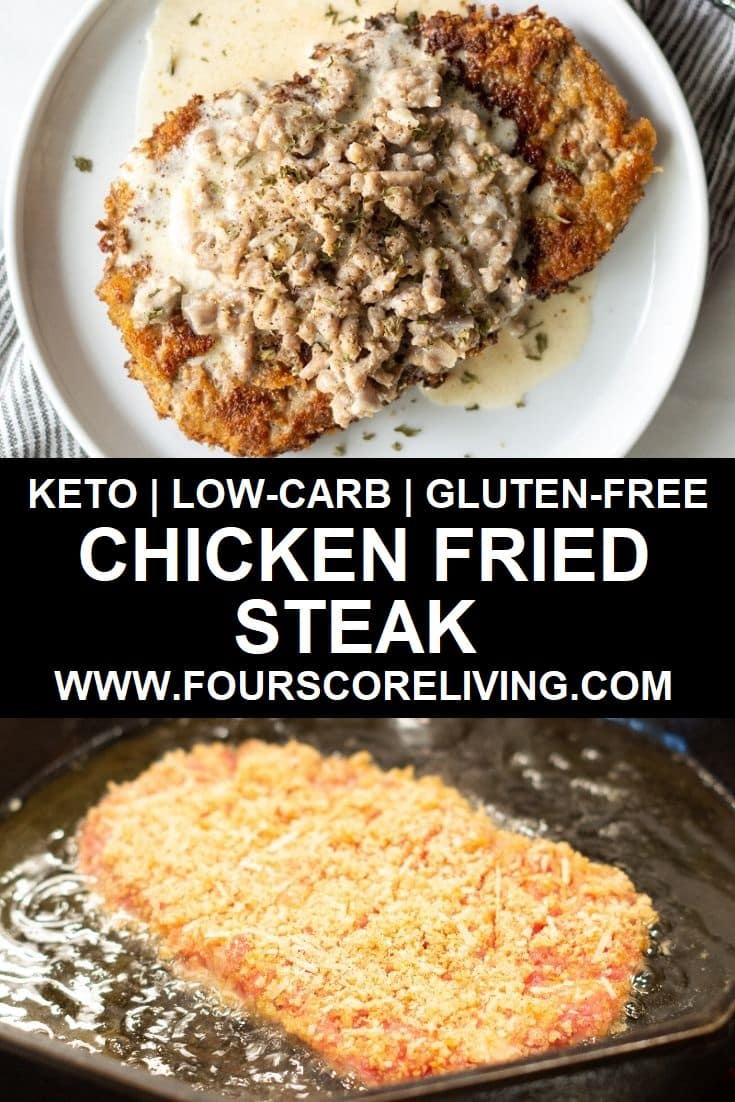 a pinterest pin collage of two photos of chicken fried steak with the words keto low-carb gluten-free chicken fried steak in text in the center