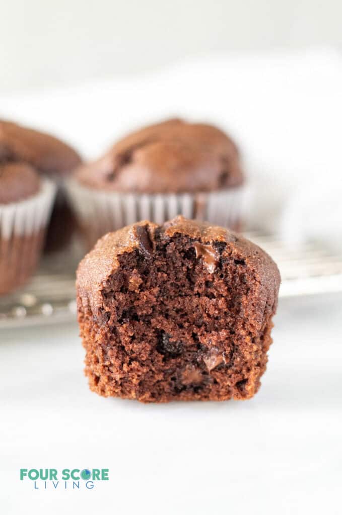 keto chocolate muffin with a bite out