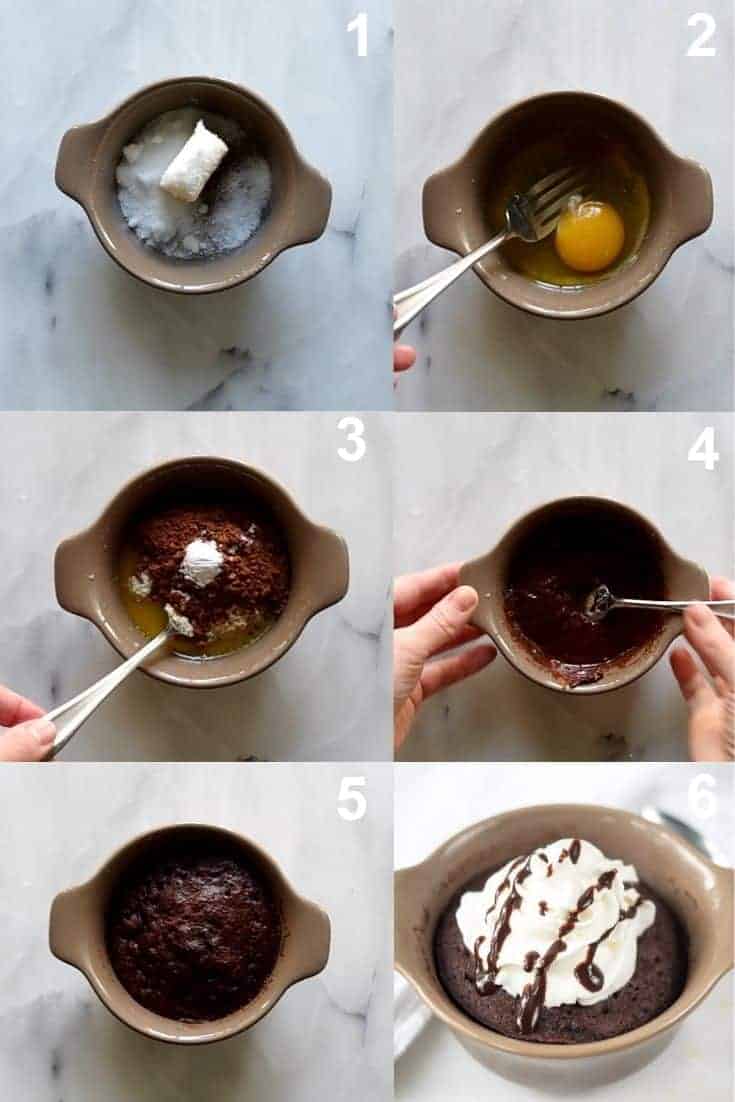 a collage of images showing instruction for making a mug cake
