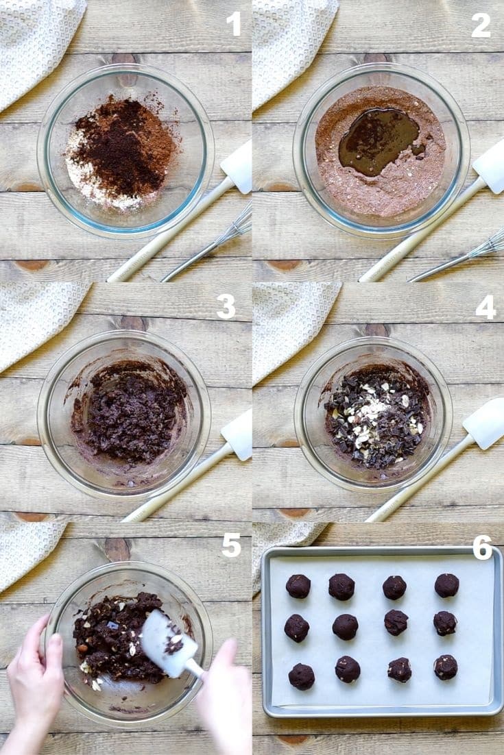 a collage of six images showing how to make keto chocolate energy balls