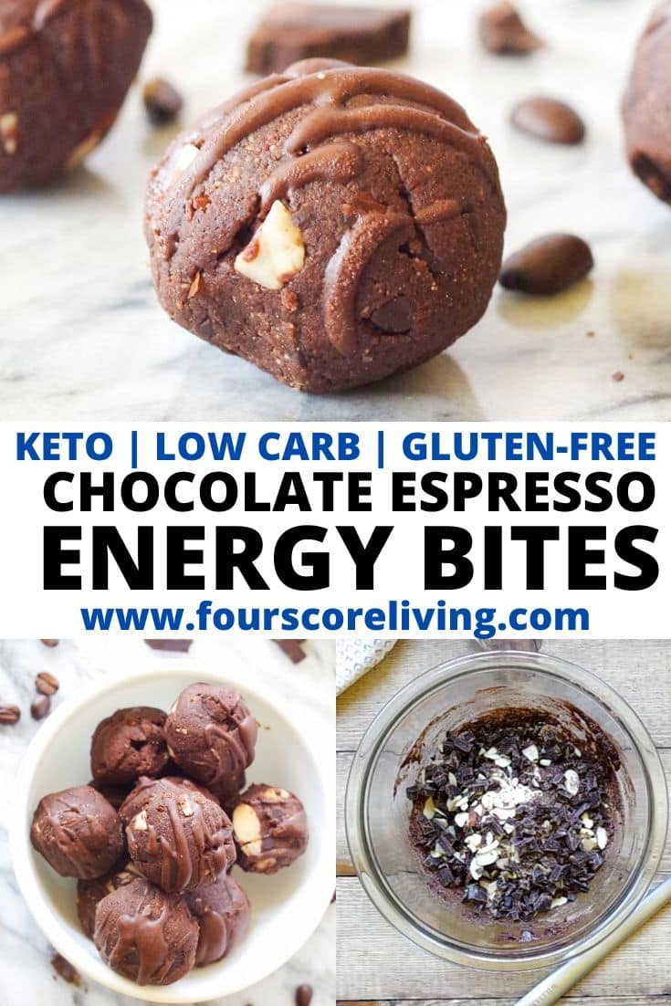a pinterest pin collage of three photos of energy balls with the words keto low carb gluten-free chocolate espresso energy bites in text in the center