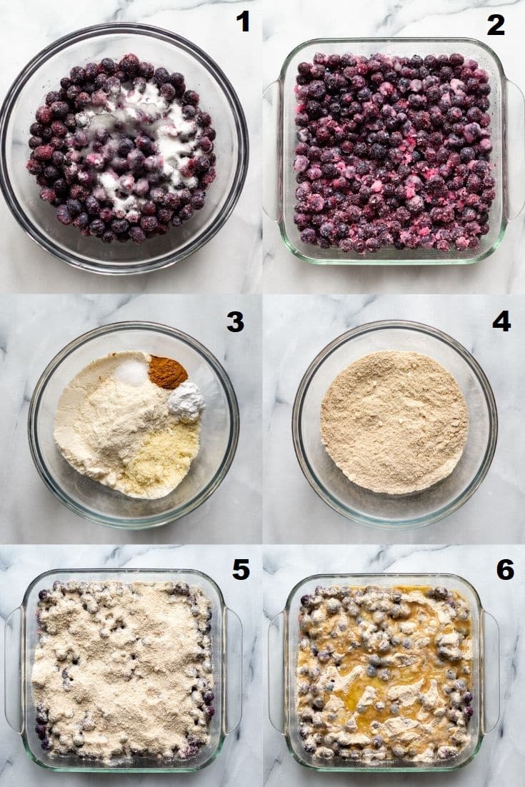 collage of six images showing instructions for making blueberry dump cake