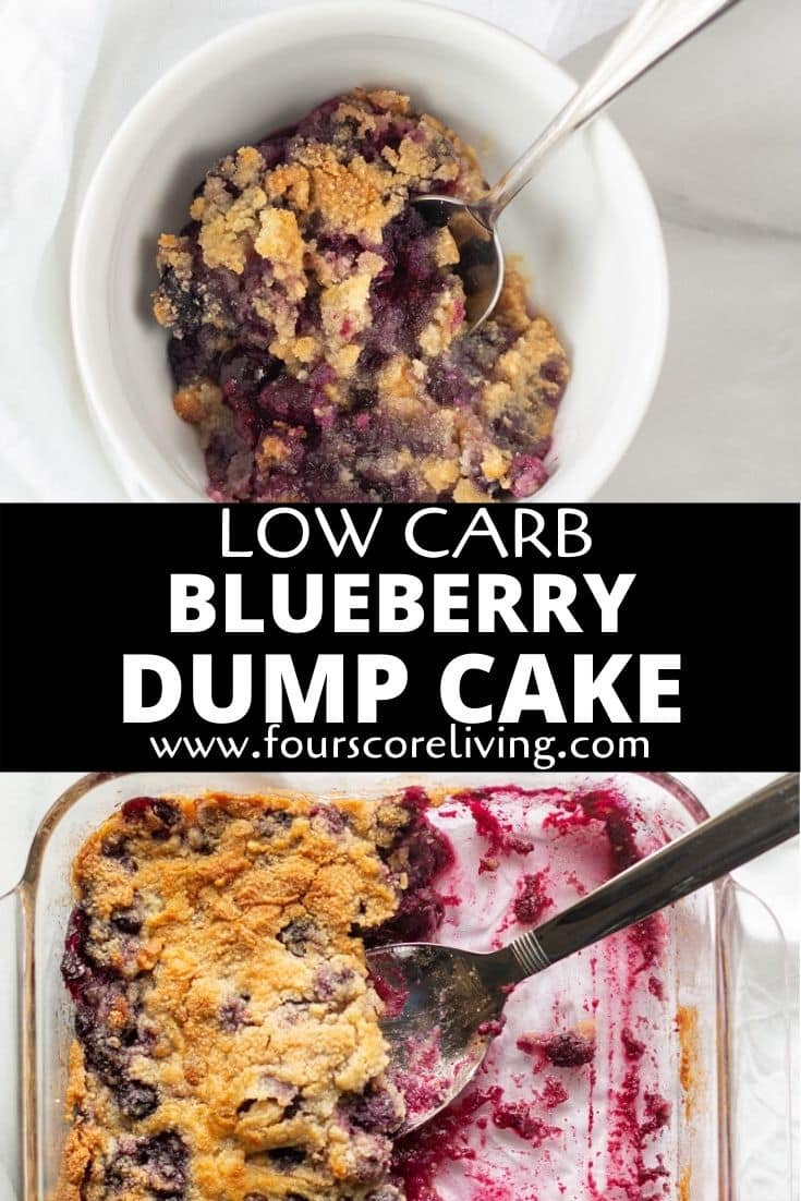 a pinterest pin made up of collage of images of blueberry dump cake with a golden brown topping.