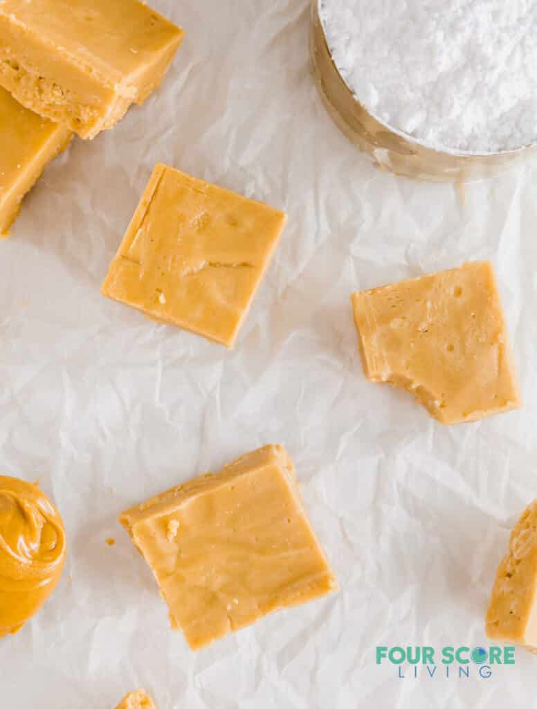 top down view of pieces of peanut butter fudge
