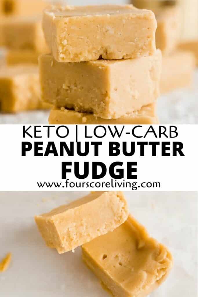 a pinterest pin collage of two photos of peanut butter fudge with the words keto low-carb peanut butter fudge in text in the center