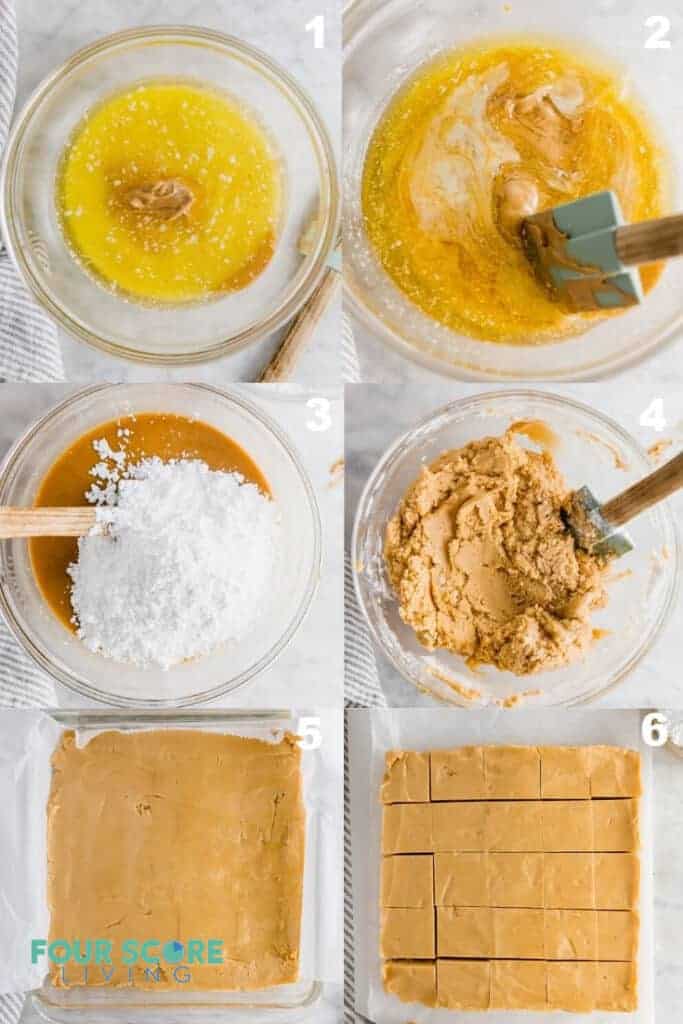 a collage of six photos showing how to make keto peanut butter fudge