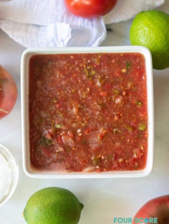 salsa in a white square bowl