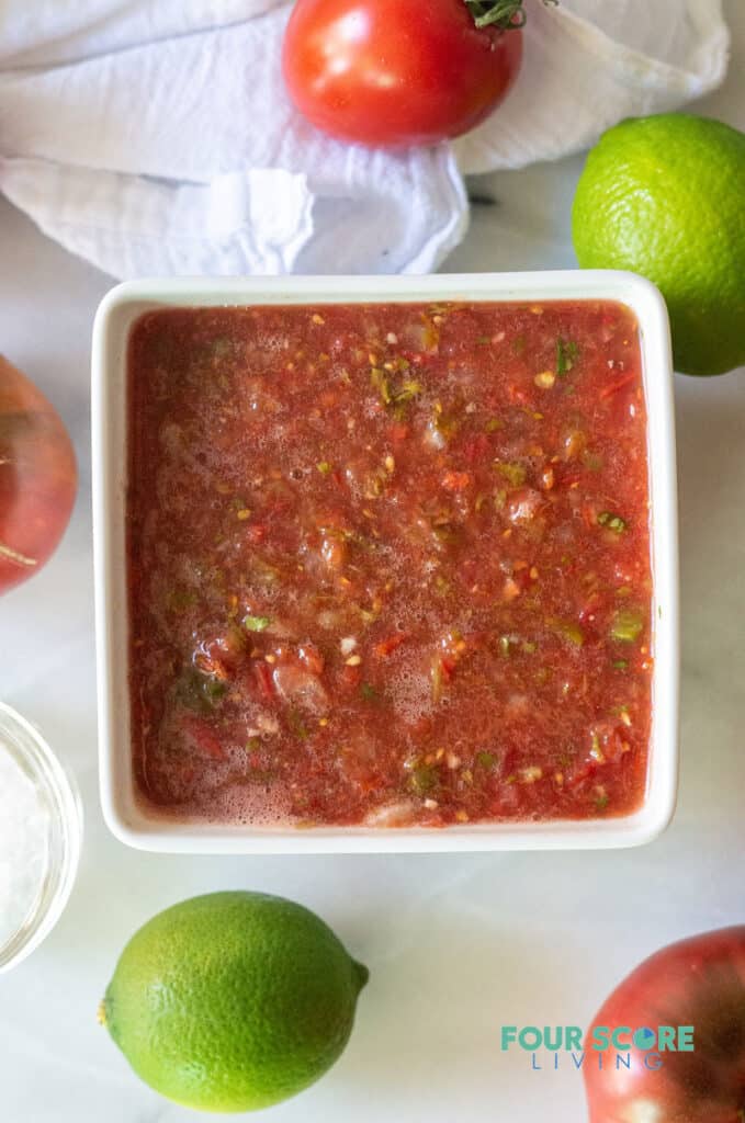 salsa in a white square bowl