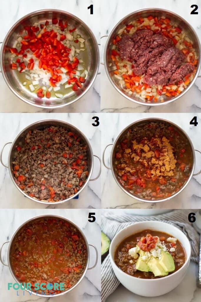 a collage of six photos showing the steps to make keto taco soup