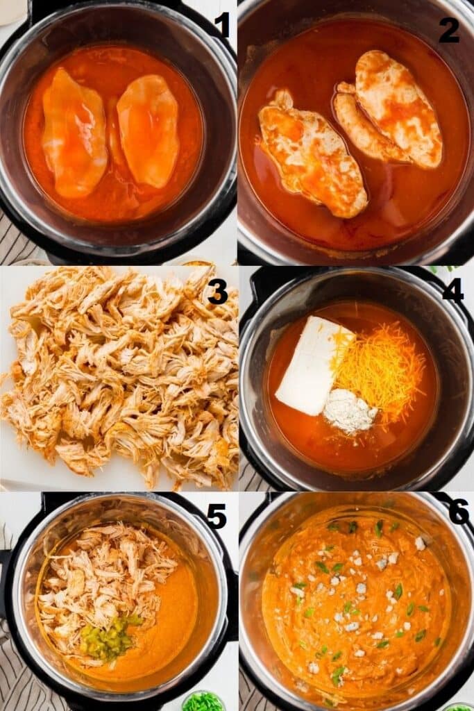 a collage of six photos showing how to make keto buffalo dip in an instant pot