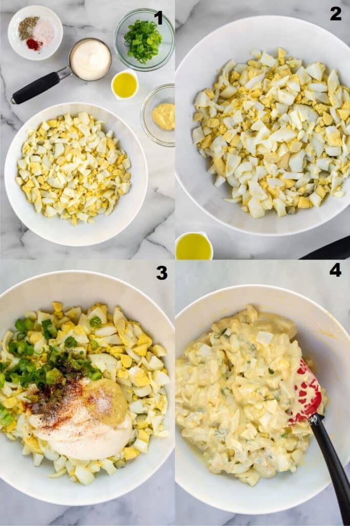 a collage of four photos showing how to make keto egg salad
