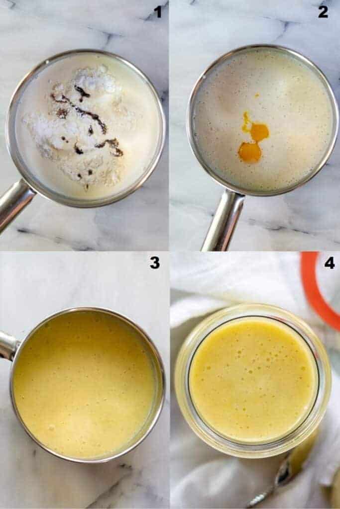 a collage of four photos showing the steps to make keto pudding