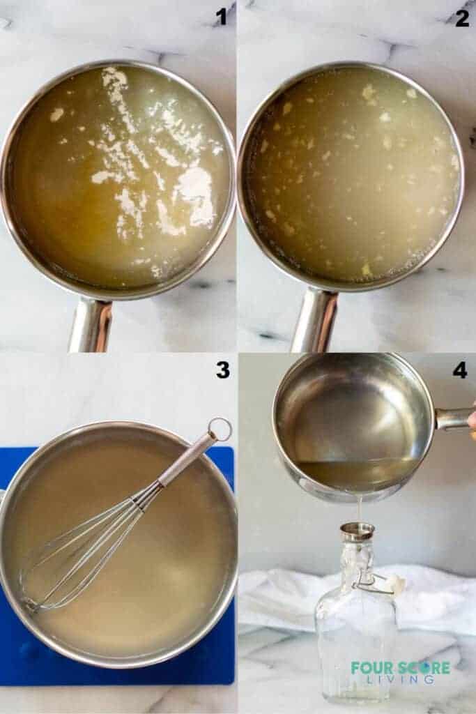 a collage of four photos showing the steps how to make keto pancake syrup