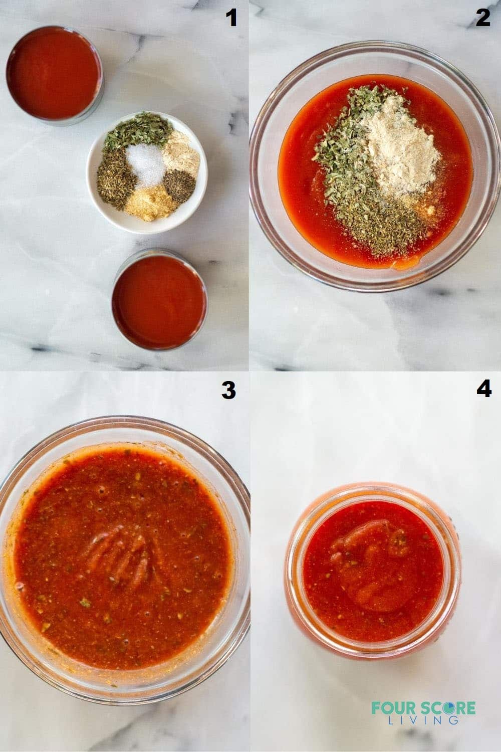 a collage of four photos showing how to make keto pizza sauce