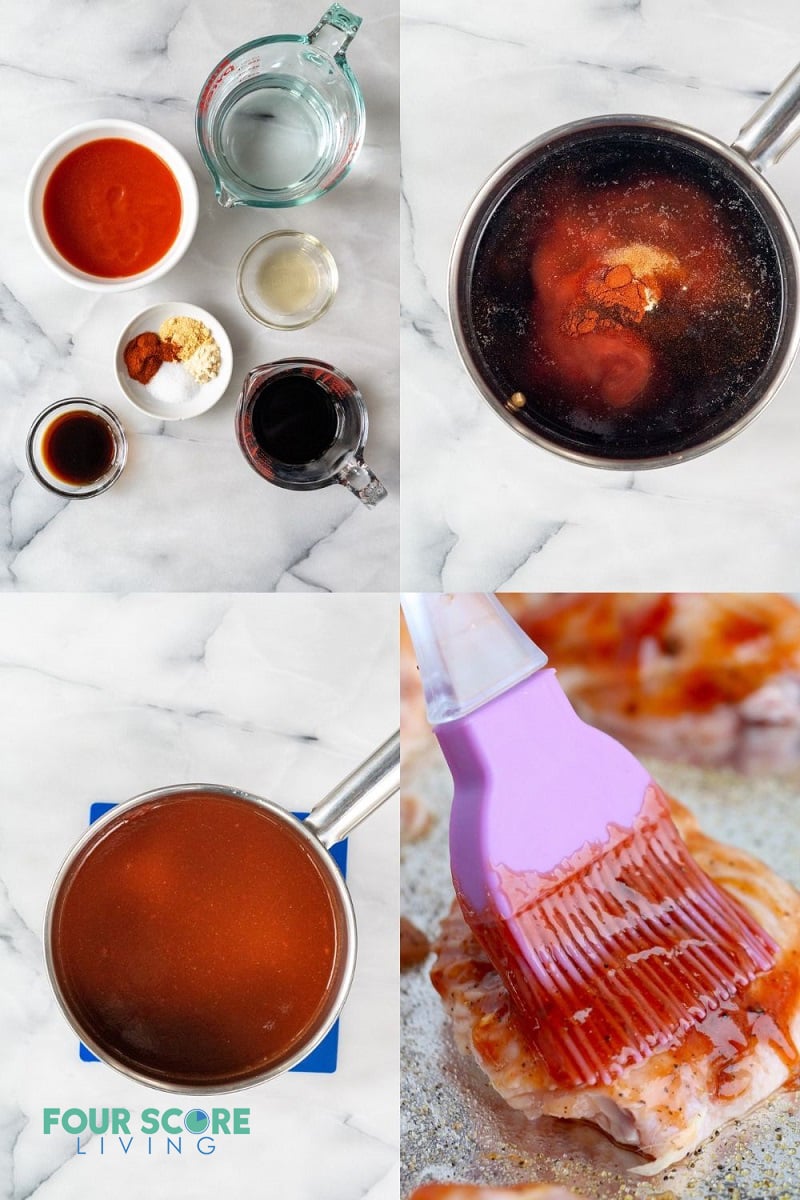 Collage of four images that are the steps in making keto bbq sauce