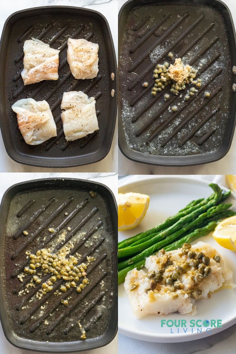 a collage of four images that detail the steps in making this recipe using a grill pan.