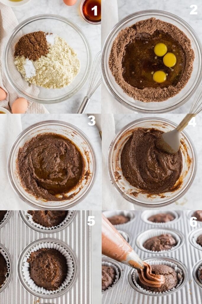 a collage of six images showing the steps to make almond flour chocolate cupcakes