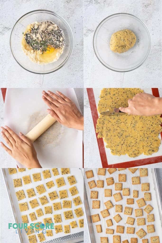 photo collage of six steps for making keto crackers