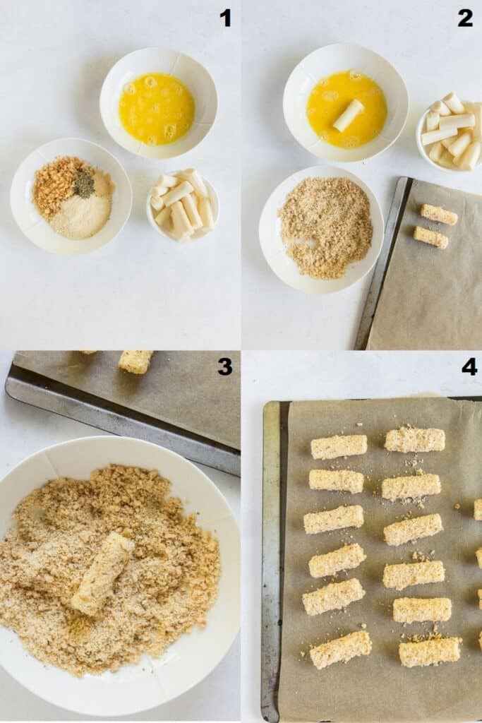 Photo collage of four steps to make keto mozzarella sticks