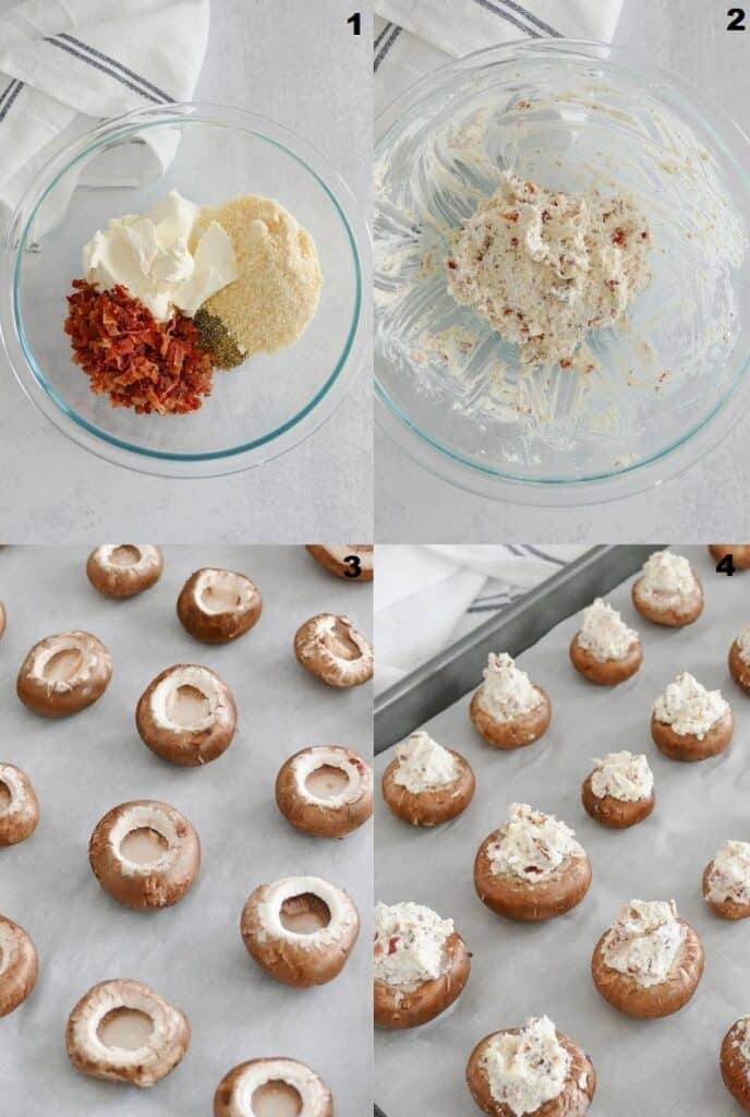 Photo collage showing four steps for making Keto stuffed mushrooms.