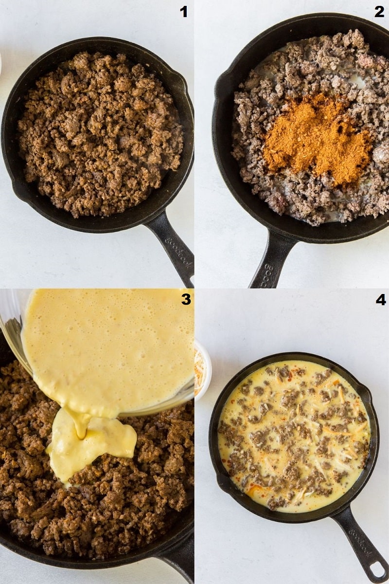 Photo collage of four steps to making keto taco pie.