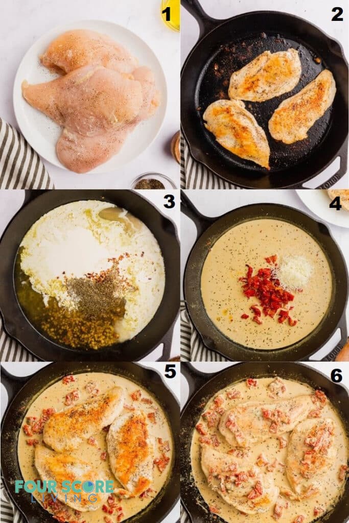 Photo collage of six steps to make marry me chicken in a cast iron skillet.