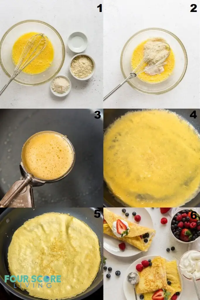 photo collage of six steps to making keto crepes.