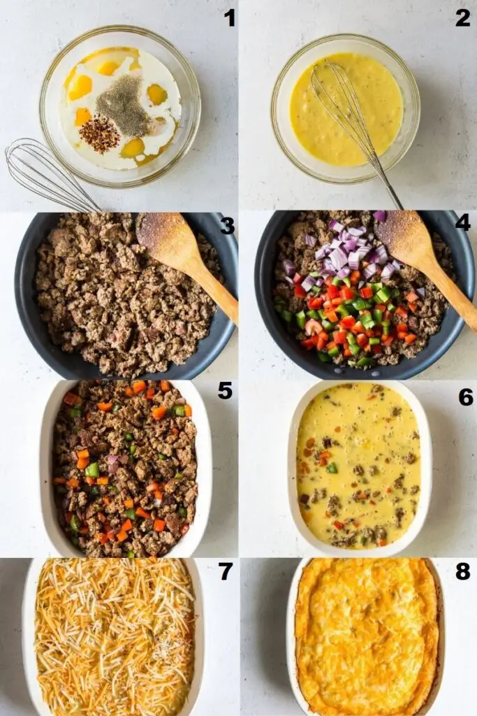 photo collage of 8 steps needed to make keto breakfast casserole