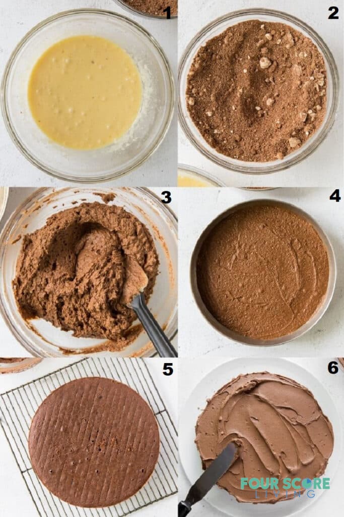 photo collage of six steps to make keto chocolate cake.