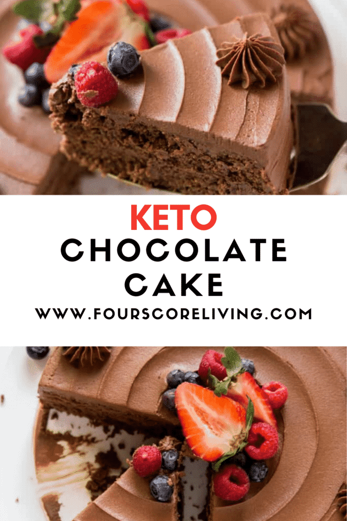images of keto chocolate cake with a text overlay in the center.