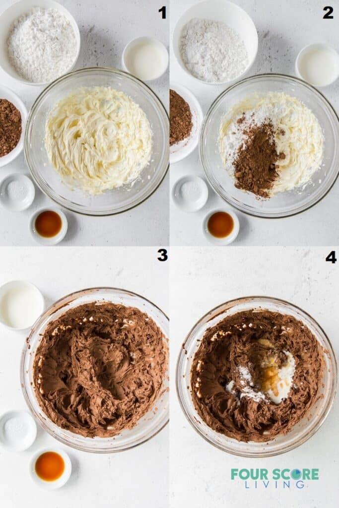 Photo collage of four steps to make keto chocolate frosting.