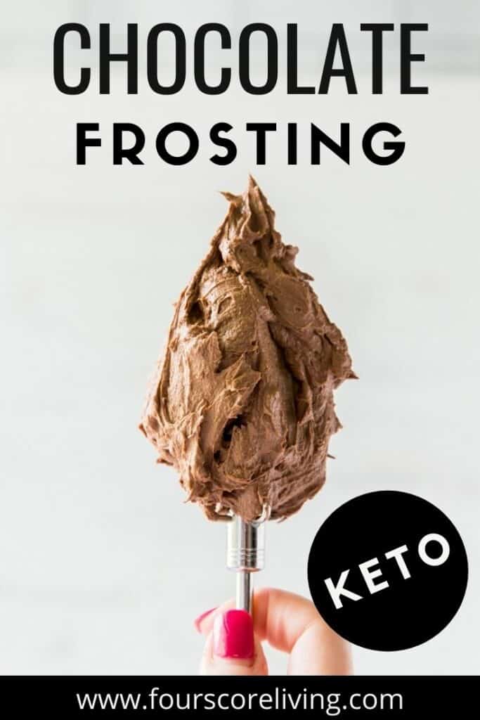 a mixer paddle full of chocolate frosting being held up straight. Title on images states, Chocolate frosting, Keto.