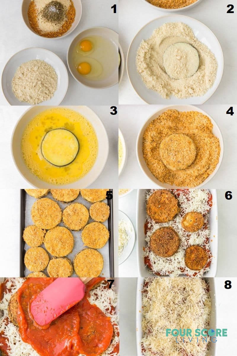 photo collage of 8 steps to make keto eggplant parmesan