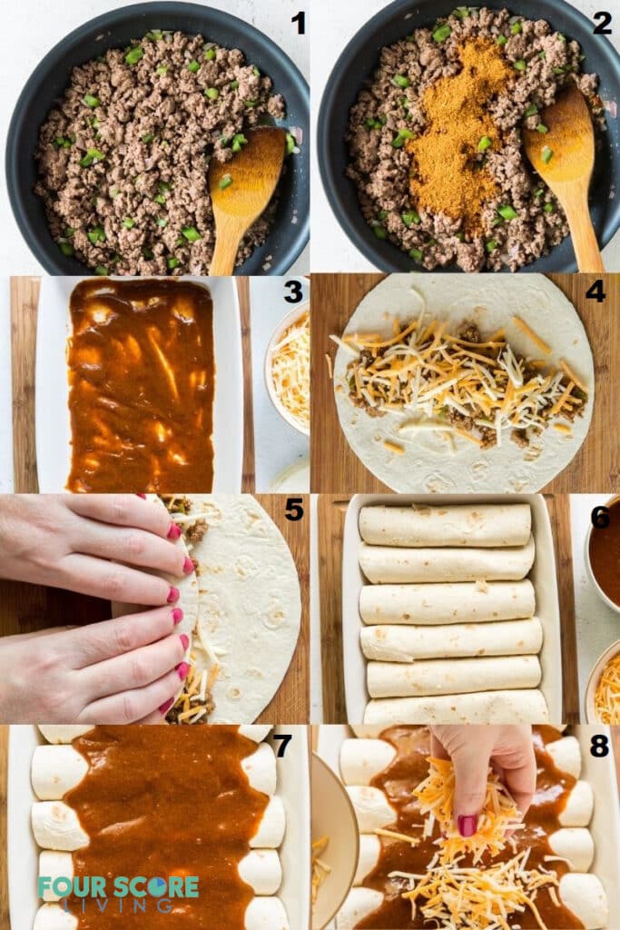 A photo collage of eight steps for making keto enchiladas.