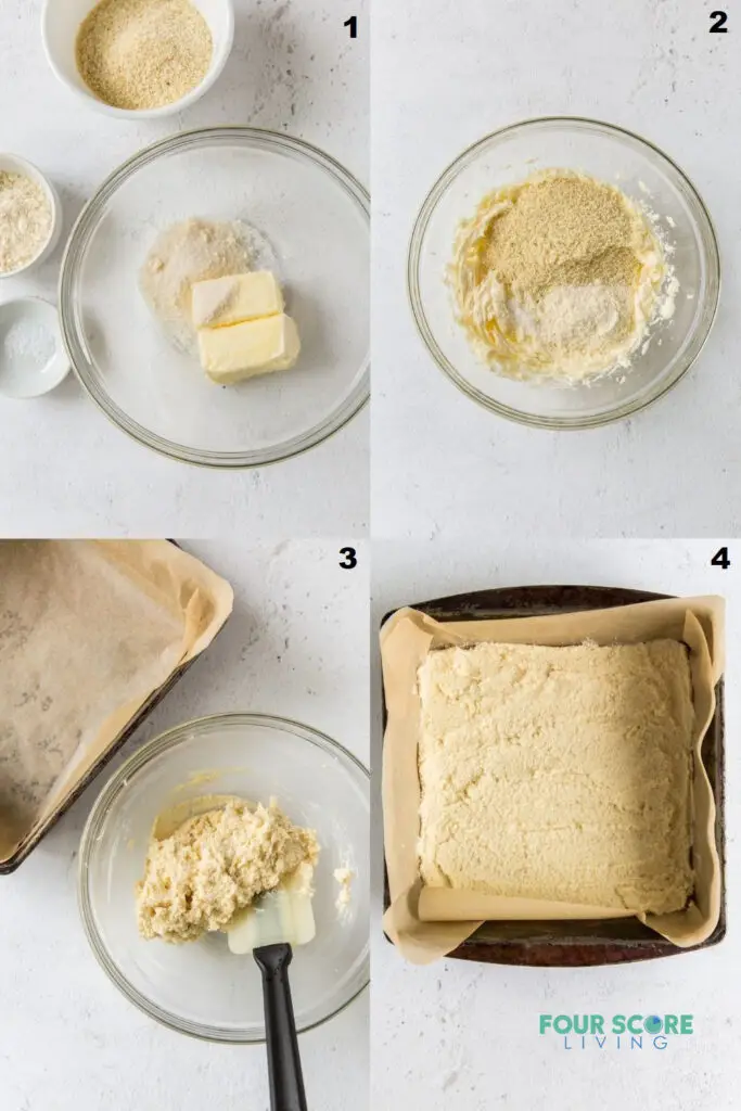 photo collage of four steps to make keto lemon bar crust
