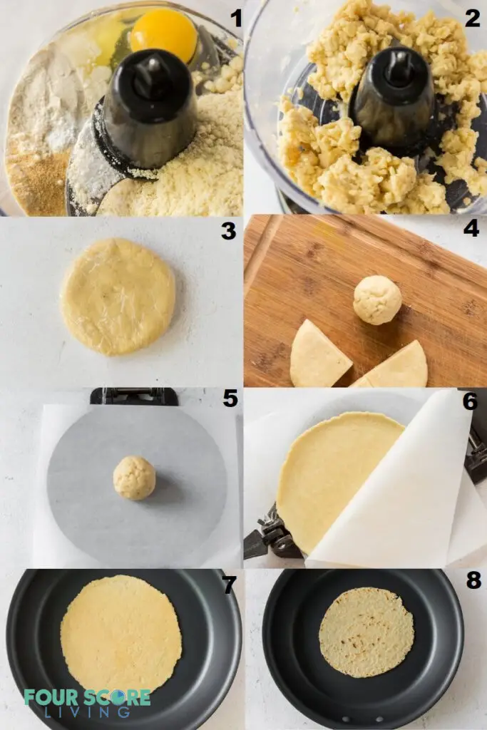 Photo collage of 8 steps needed to make homemade tortillas